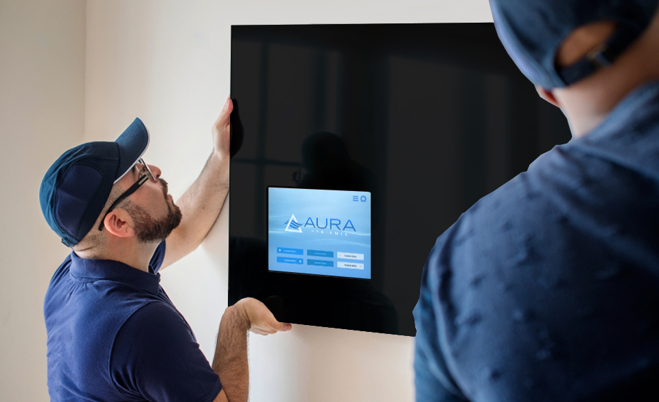 Technicians installing an AURA unit on a wall
