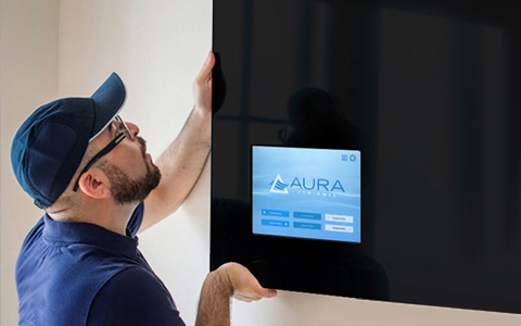 Technician installing an AURA unit on a wall